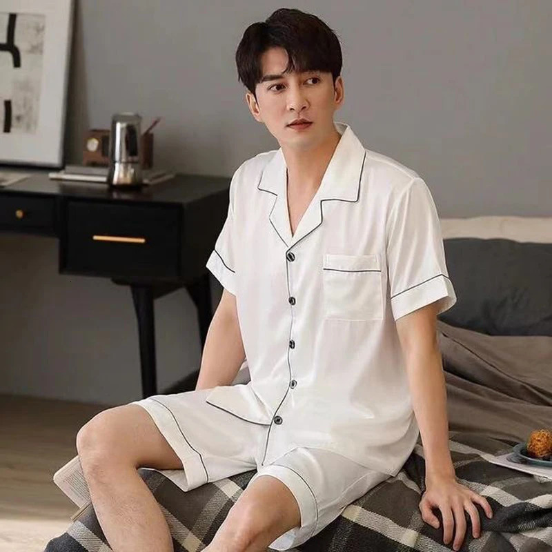 Summer Pajamas For Man Big Size Satin Mens Pajama Sets Shorts Silk Short Sleeve Sleepwear Home Pijama Night Wear Loungewear 241017