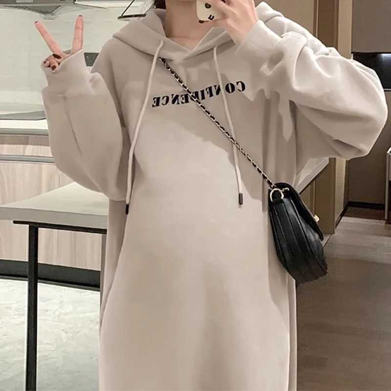 Pregnant Dress Autumn/Winter Pregnant Sweater Hoodie Shoulder Strap Zipper Side Split Pregnant Hoodie Long Sweater W241026