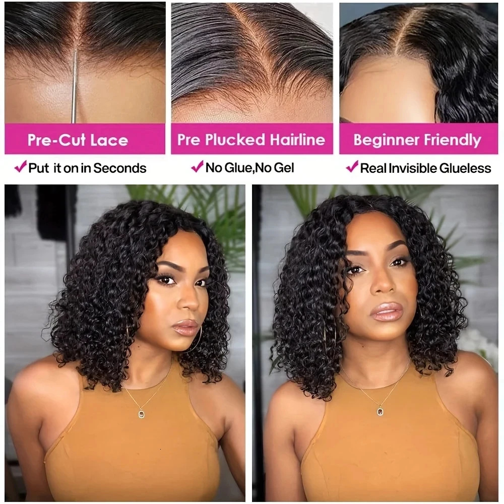 200Density 12A Deep Wave 13x4 Short Lace Front Bob Human Hair Wigs HD Transparent 200% Curly Frontal Wig For Women