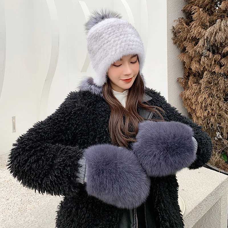 New Womens% Genuine Knitted Thick Leather Gloves for Winter Warmth La Genuine Fur Gs Knitted Fur Gloves W241026
