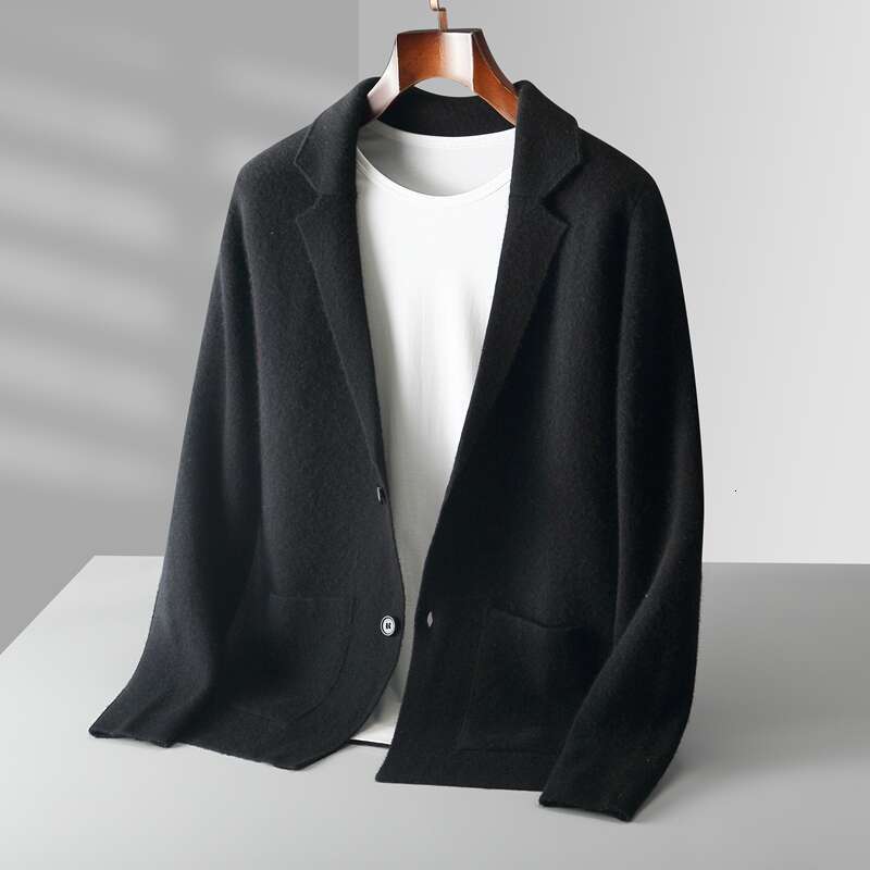 Men 100% Merino Wool Jacket Suit Lapel Sweater Cardigan Autumn Winter Loose Knit Coats Youth Thick Shirt Business Casual Tops