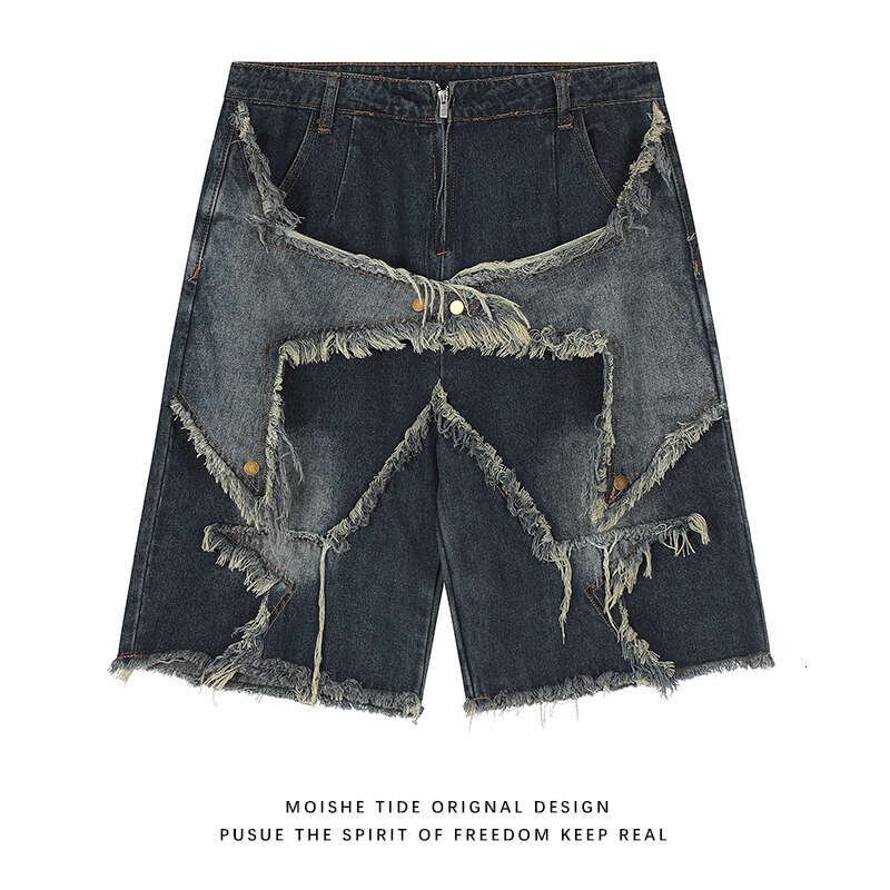shanshi men shorts Trendy American High Street Haired Water Washed Cowboy Shorts for Men and Women Loose Pentagram Pants