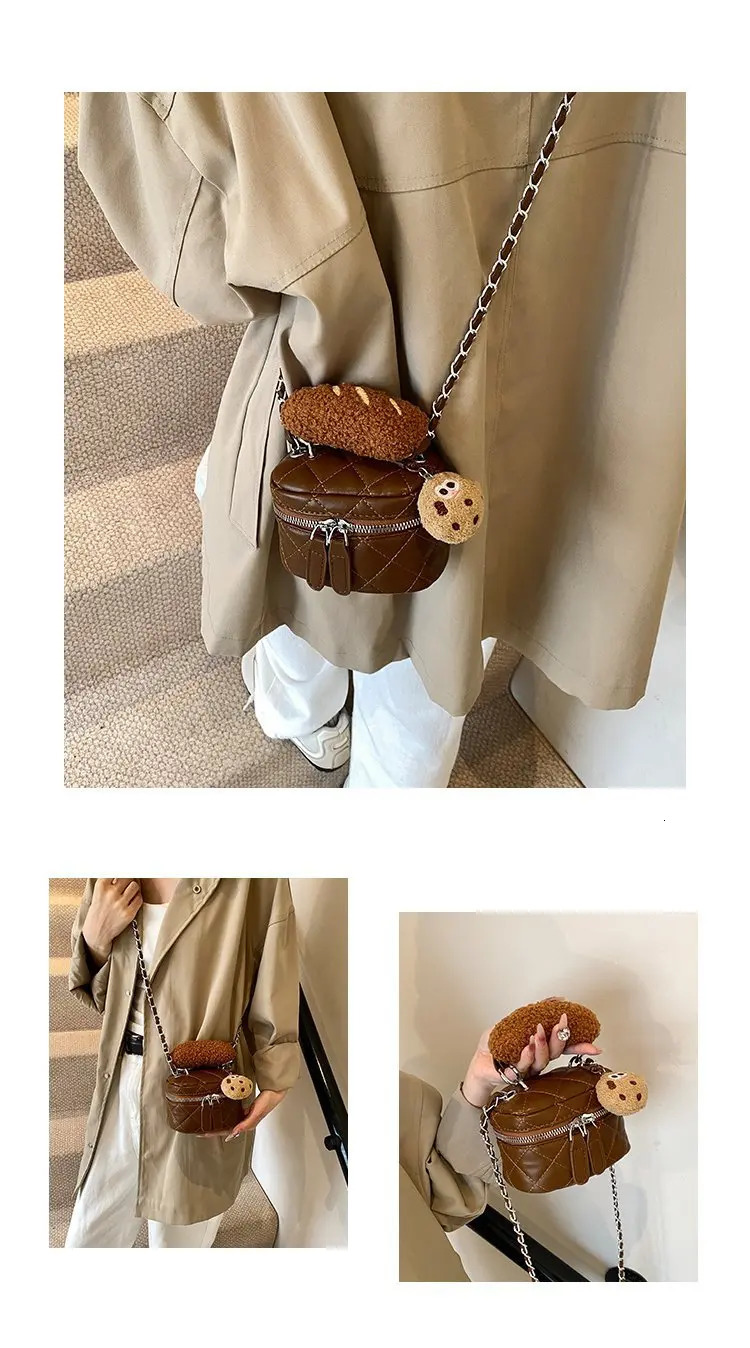 womens PU leather flat bottom bedding horizontal bag retro chain plush pendant small water bucket messenger shoulder bag 241025