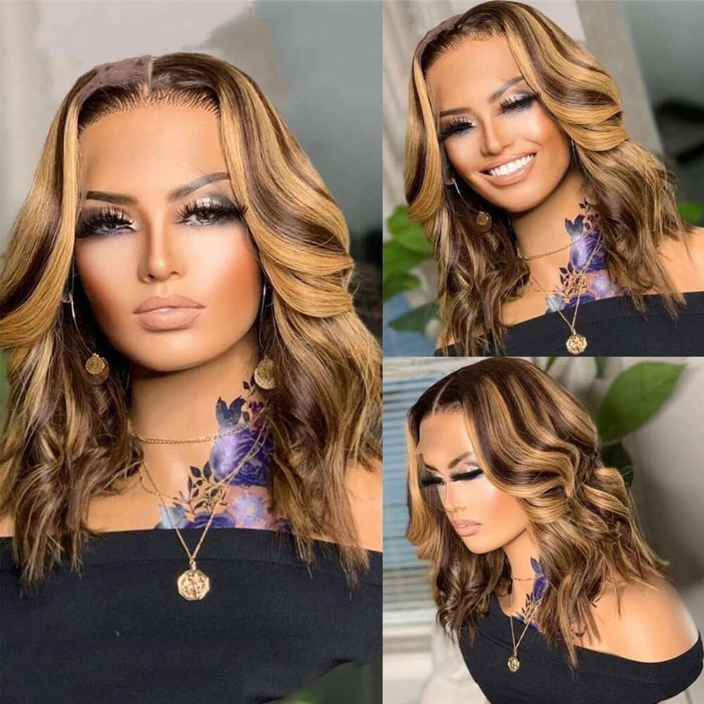 Highlight Remy Wave Bob Ombre Colored Human Hair Lace Wig P4 30 Body 13X5x1 T Part Bob180% Density