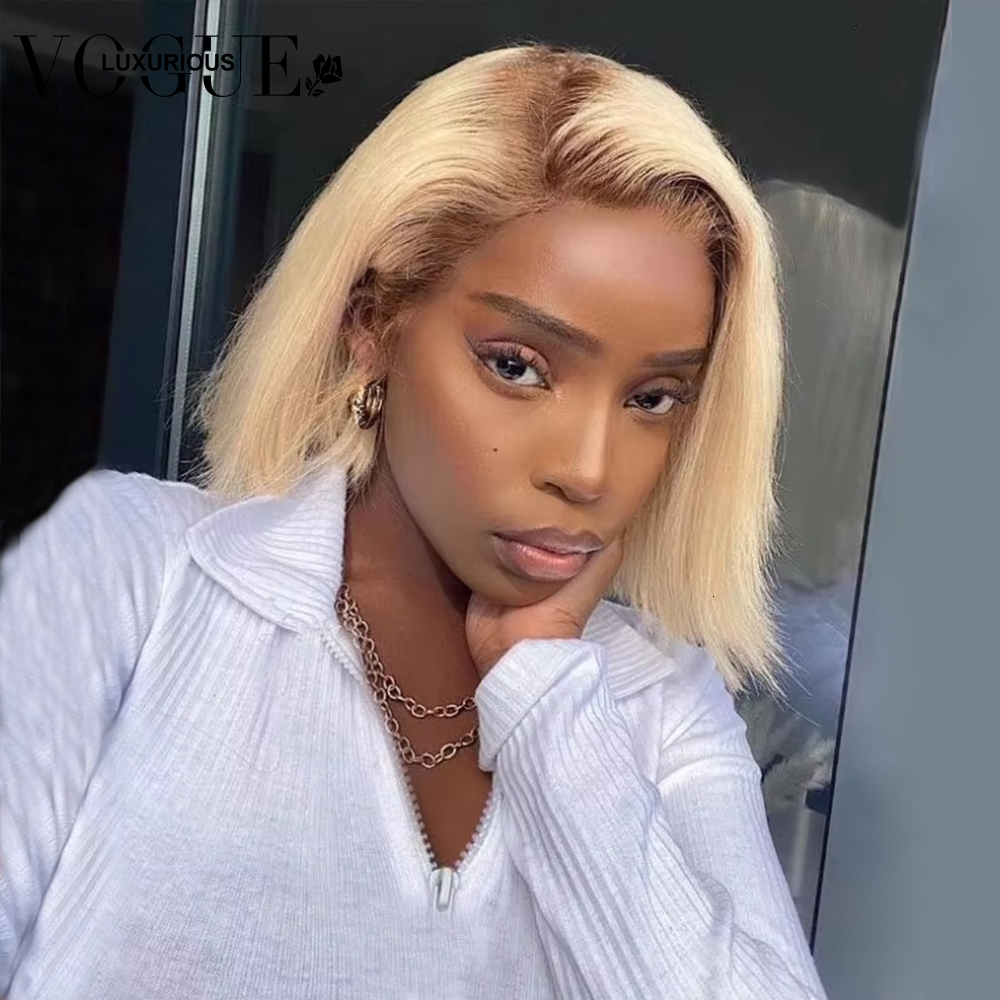 Straight Short Bob Ombre Honey Blonde Colored Glueless 5x5 Lace Closure Wig e Cut Brazilian Remy Human Hair Wigs On Sale