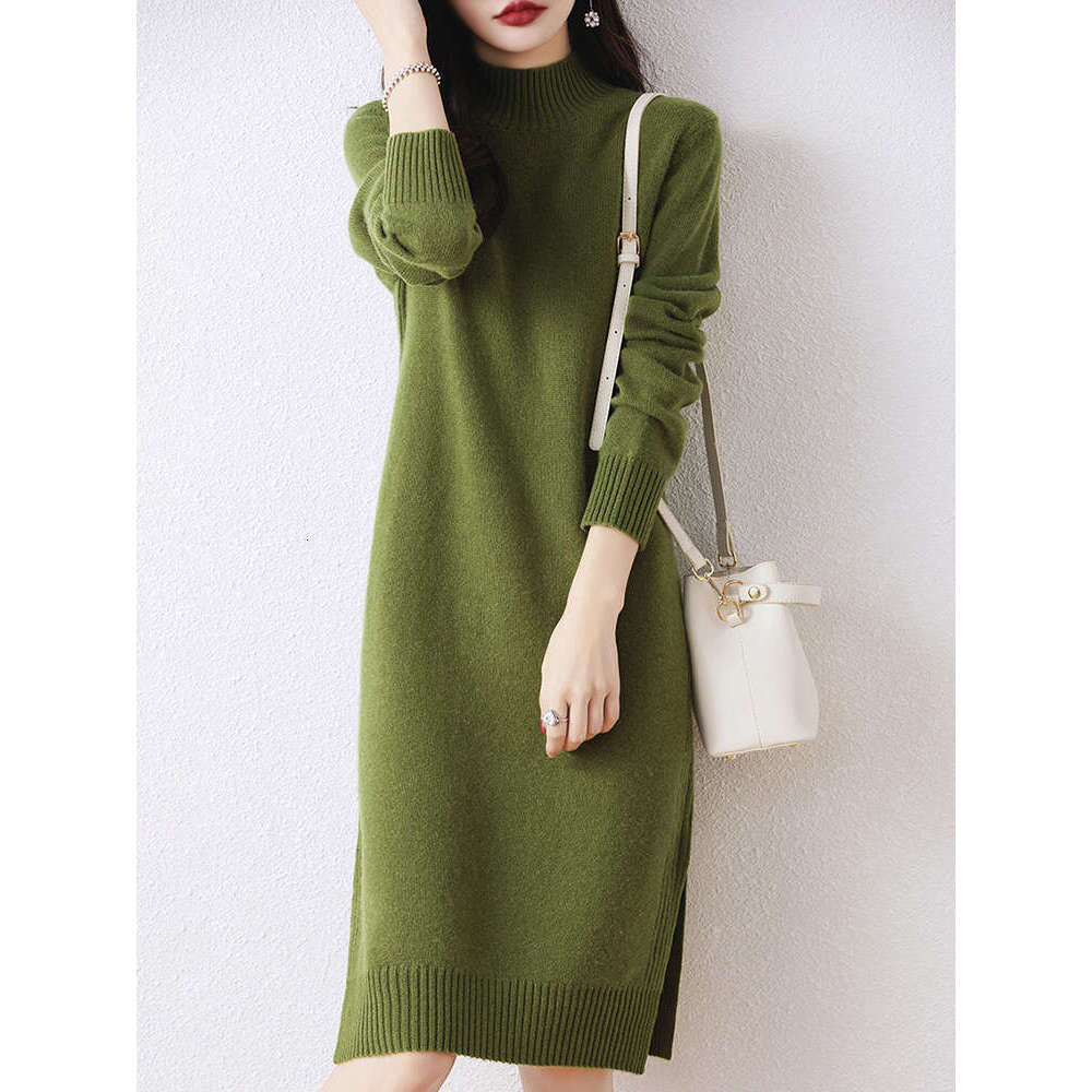 Hot Selg New 100% Merino Wool Knitted Autumn Winter Thick Mock-Neck Pullover Long Sweater Casual Women's Dress