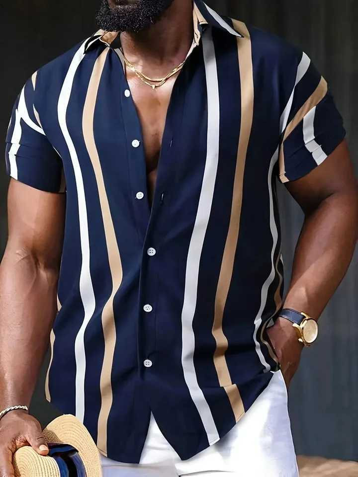 2024 New Business Leisure Striped Summer Haian Beach Mens Shirt 3D Printed Clothing Oversized Short Sleeve Mens Fashion W241026