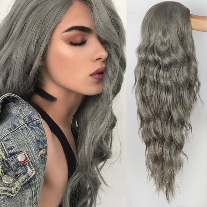 Wig women wine red long hair female middle part corn perm long curly hair chemical fiber wig