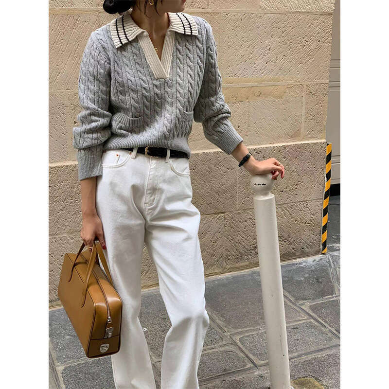 Color Contrast Lapel Fried Dough Twists Knit Design Women Autumn & Winter Long Sleeve Top Pullover Sweater Women's Wear