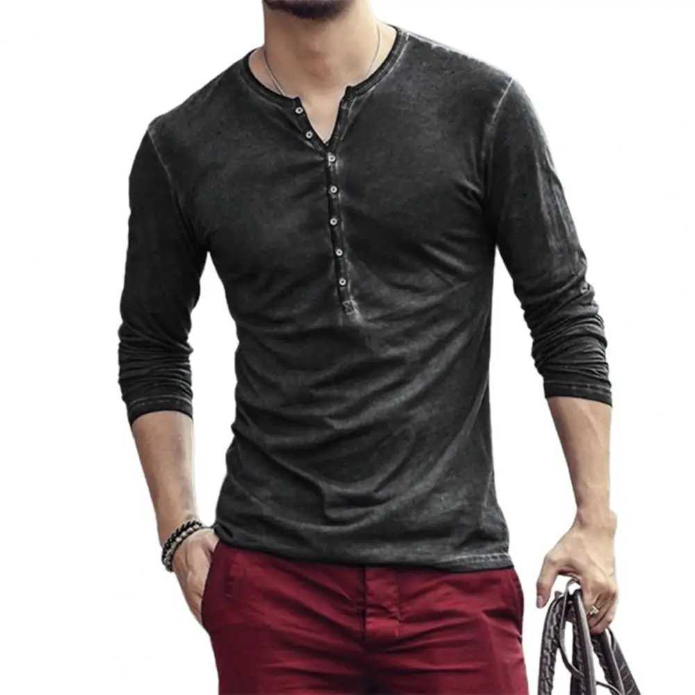 Long Sleve Mens T-shirt Solid Color Casual V-neck Thin Button Mens Clothing Casual T-shirt W241026