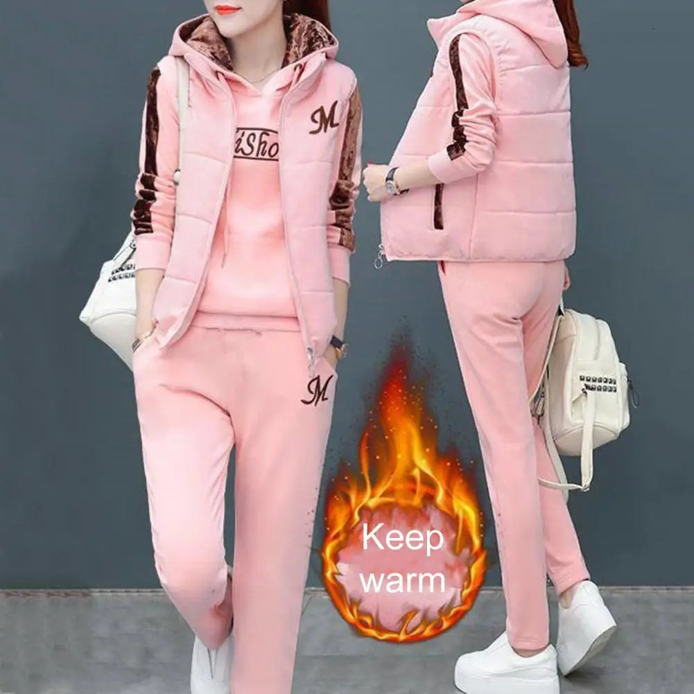 3 pieces/set of fashionable letter printed womens hoodies jogging pants zippered vests thick casual clothing school drawers 241025
