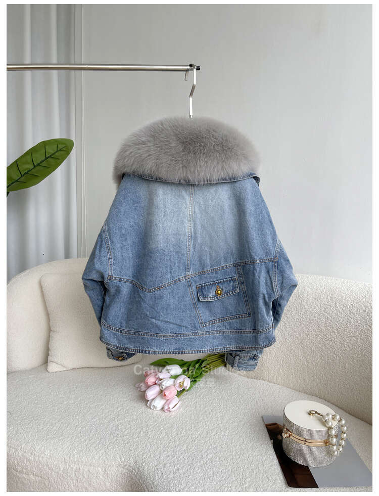 European 2024 Winter New Fox Big Fur Collar Denim Short Casual White Goose Down Warm Jacket Women Parka