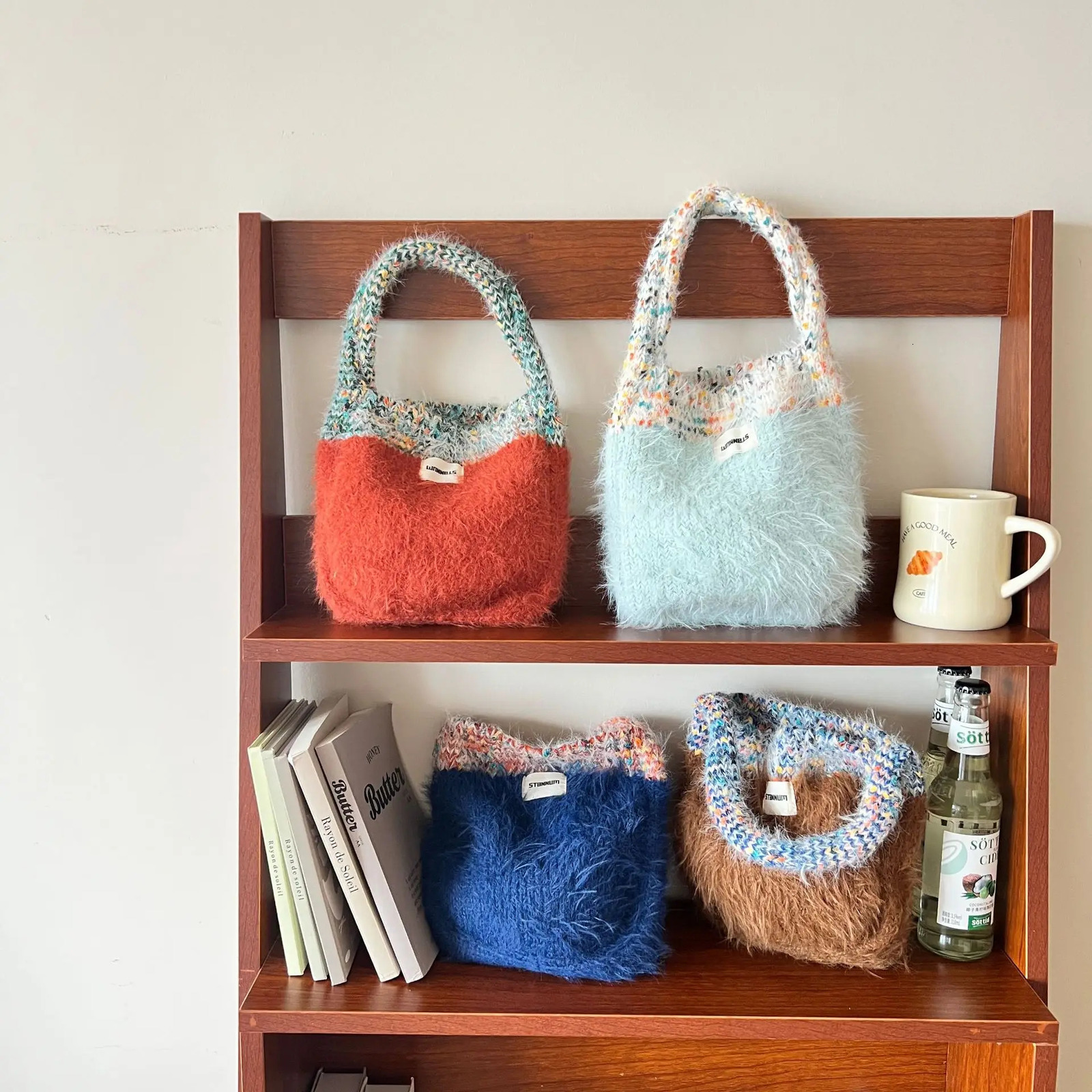 Cute Korean Knitted Handmade Shopping Bag for Women Retro Cotton Knitted Handbag Shopping Bag Large Womens Handbag Crochet Hook Bag 241025