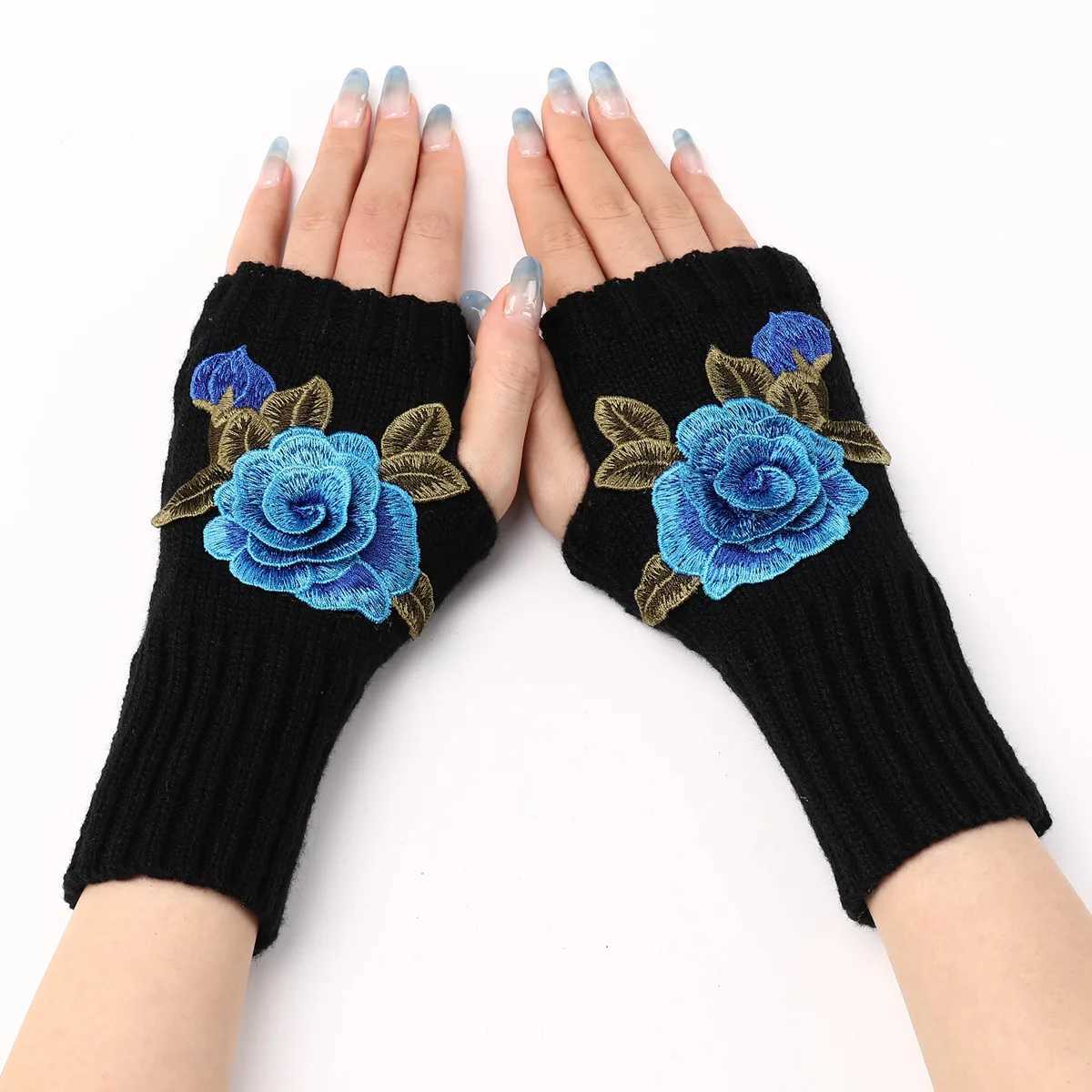 2024 Autumn Winter Womens Short Fashion Embroidered Flowers Gs Knitted Wool Sleeves Warm Finger Gloves Gs Women W241026