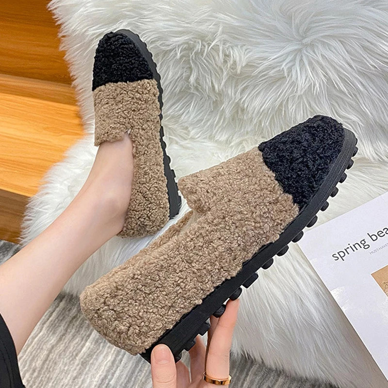 Mixed Color Curly Wool Fur Moccasins Womens Fur Apartment Ins Plush Winter Shoes Womens Thick Bottom Wool Coat Plus Size 34-43 241024