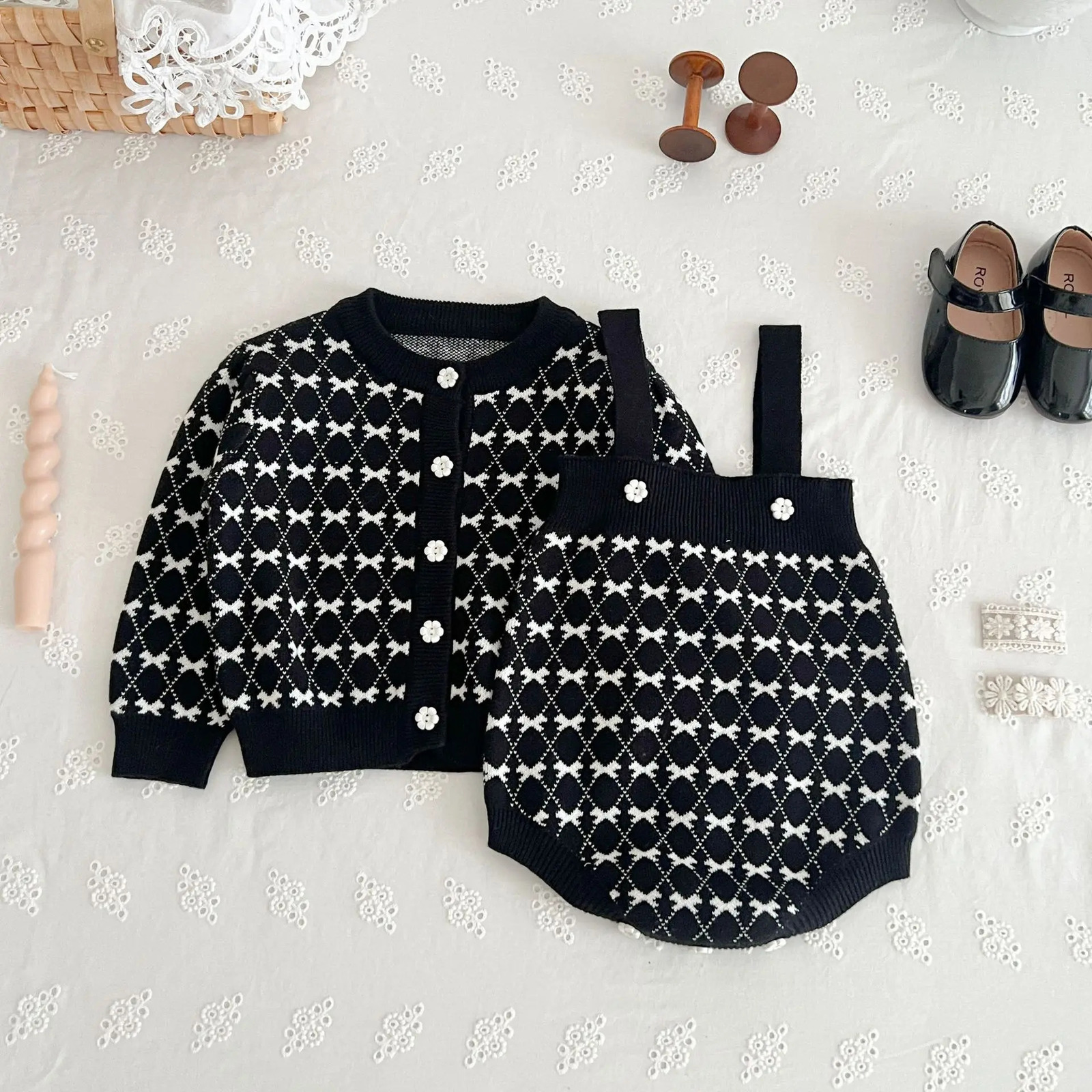 7058 Baby Clothing Set Autumn Knitted Girls Coat Cardigan Or Suspenders Climbing Clothes Sweater 241025