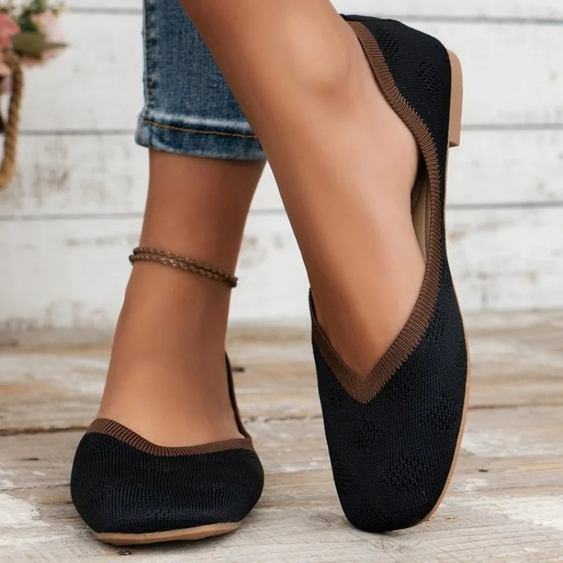 Casual Breathable Ballet Flat Shoes for Women Square Flat Shoes Solid Color Knitted Sliding Shoes for Women Q20 241024