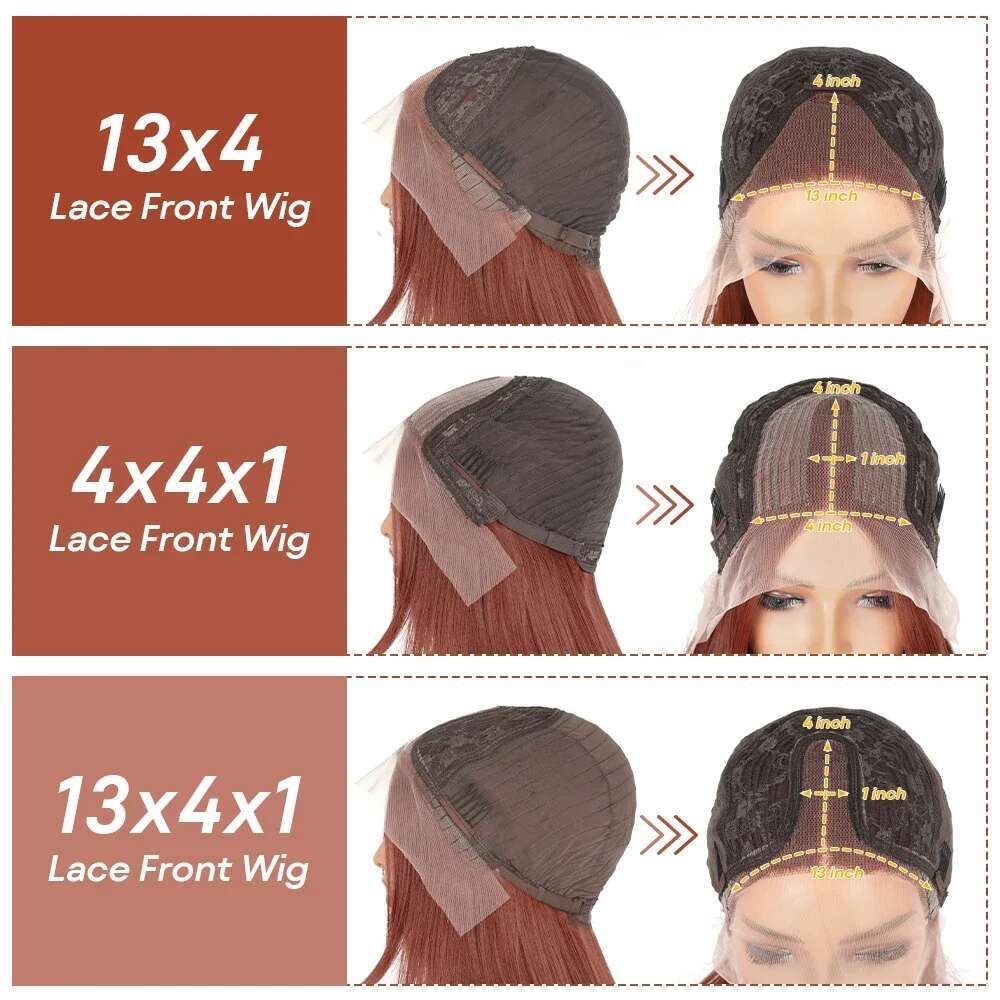 Reddish Brown Layered Cut Wig Copper Red Straight Lace Front For Women Synthetic 13X4 Glueless T Part Heat Resistant Wigs
