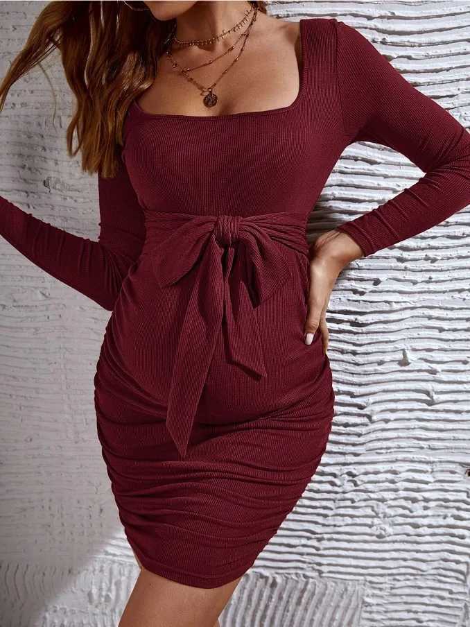 Pregnant womens elegant square neckline bow front pleated dress womens mature body dress party casual clothing pregnant W241026