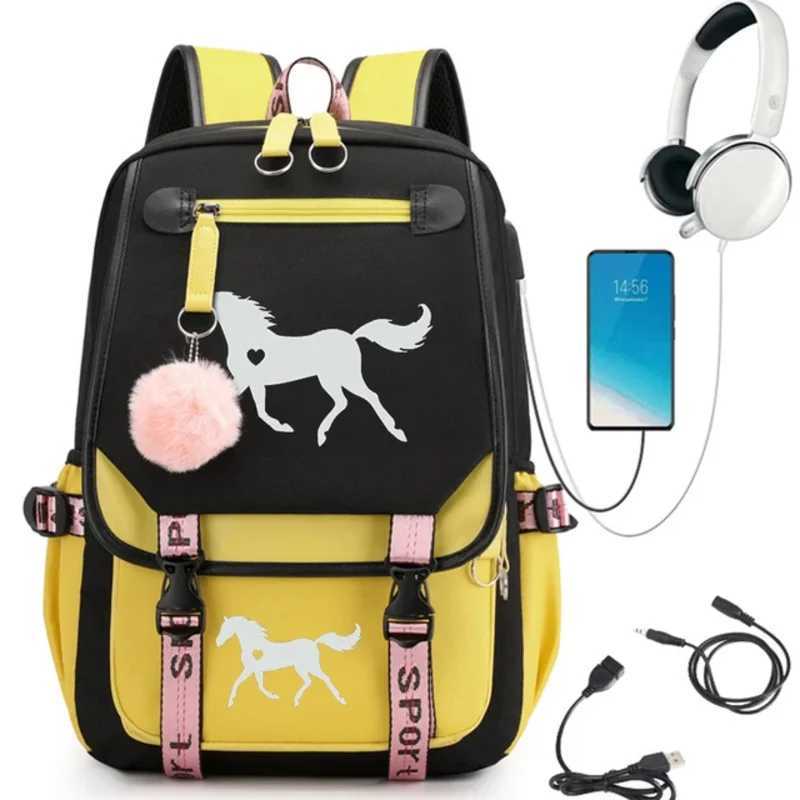 Schoolbag for Girls Large Capacity High School Student Backpack Horse Heart Carto Bagpack Usb BookbagXJ241026