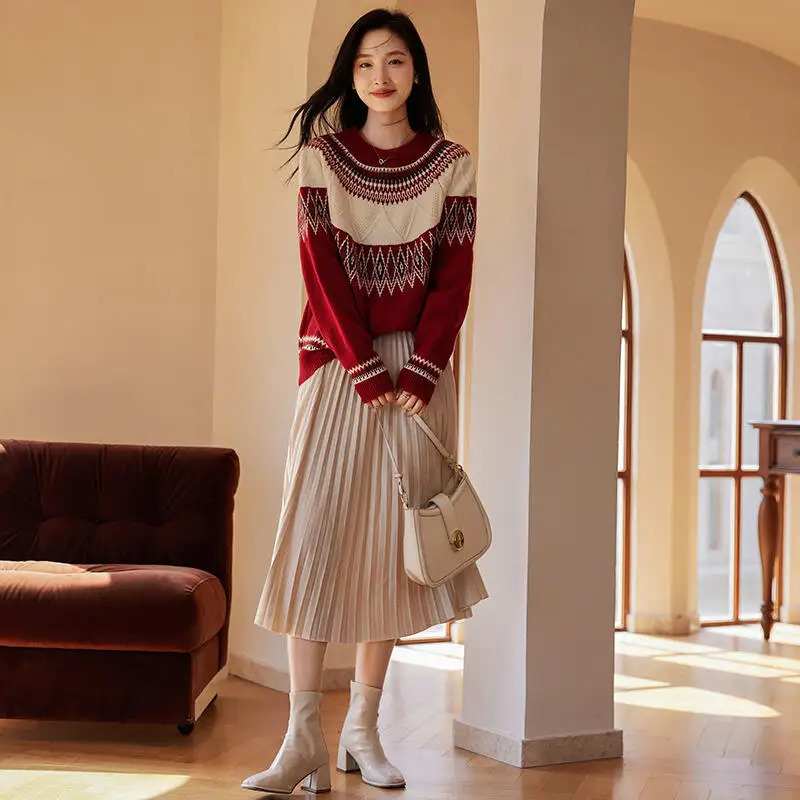 REDDACHiC Jacquard Retro Women Fair Isle Sweater Oneck Pullover Long Sleeves Loose Casual Jumper Top Christmas Winter Knitwear 241025