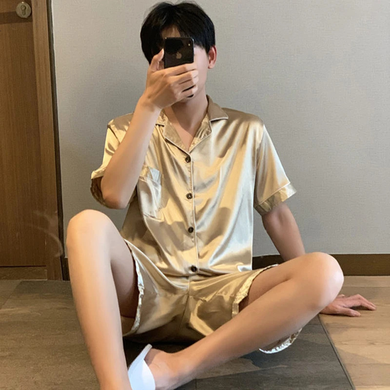 Summer Pajamas For Man Big Size Satin Mens Pajama Sets Shorts Silk Short Sleeve Sleepwear Home Pijama Night Wear Loungewear 241017