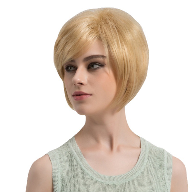 Wig for women light blonde short straight hair side bobo wig ladies headpiece human hair wig