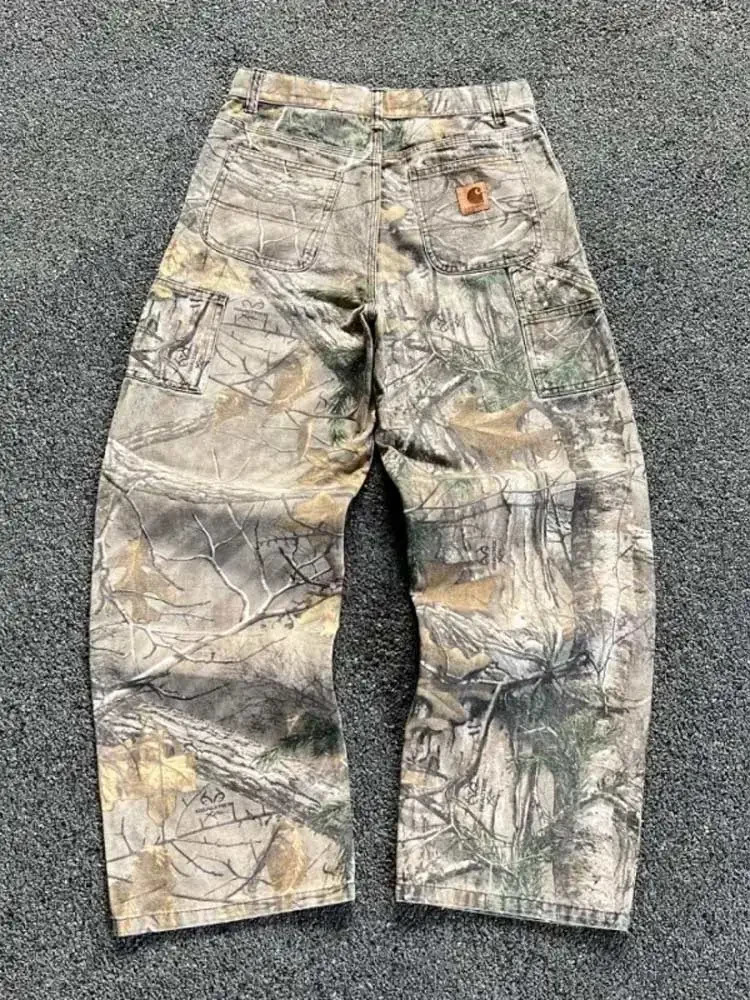 Fashion Street Camouflage Printed Straight Pants Mens Vintage Washed Wide Leg Trousers Male Summer Amrican Casual Beach Jeans 241025