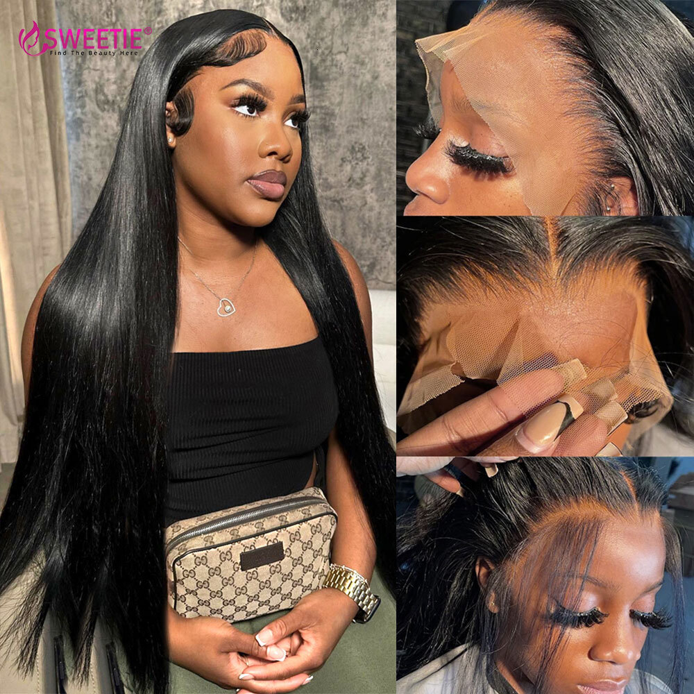 Peruvian 13x6 HD Lace Frontal Wig PrePlucked With Baby 180%Density Natural Black 34inch Straight Human Hair Wigs
