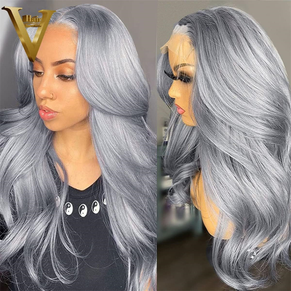Grey Front Wigs Pre Plucked Body Wave Human Hair Wig13x4 HD Transparent Lace Frontal Wig Glueless Sier