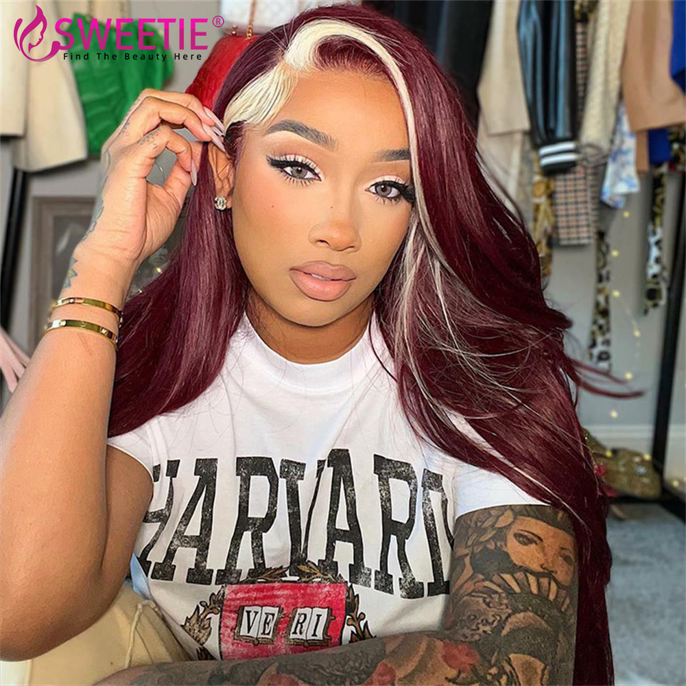 Bury 99j Red With 613 Blonde Stripe Front Wig Pre Plucked 180% 13x6 Human Hair 13x4 Lace Frontal Wigs