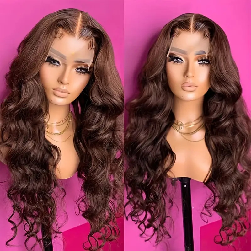 13*4 Body Wave Real Human Hair Chocolate Brown Transparent Lace Front Wig Pre Plucked For Women 210 Denasity