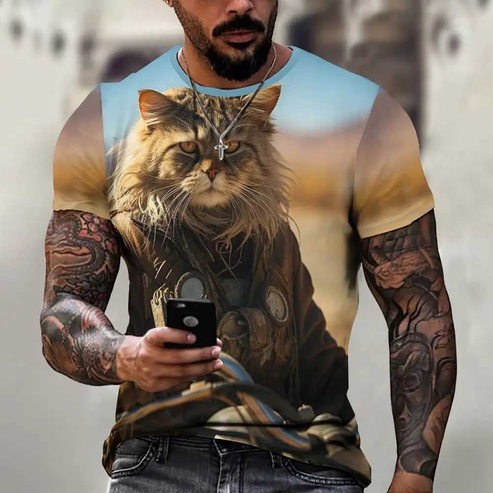 Casual mens T-shirt with stray cat pattern printed T-shirt loose short sleeved T-shirt oversized mens clothing top summer T-shirt W241026