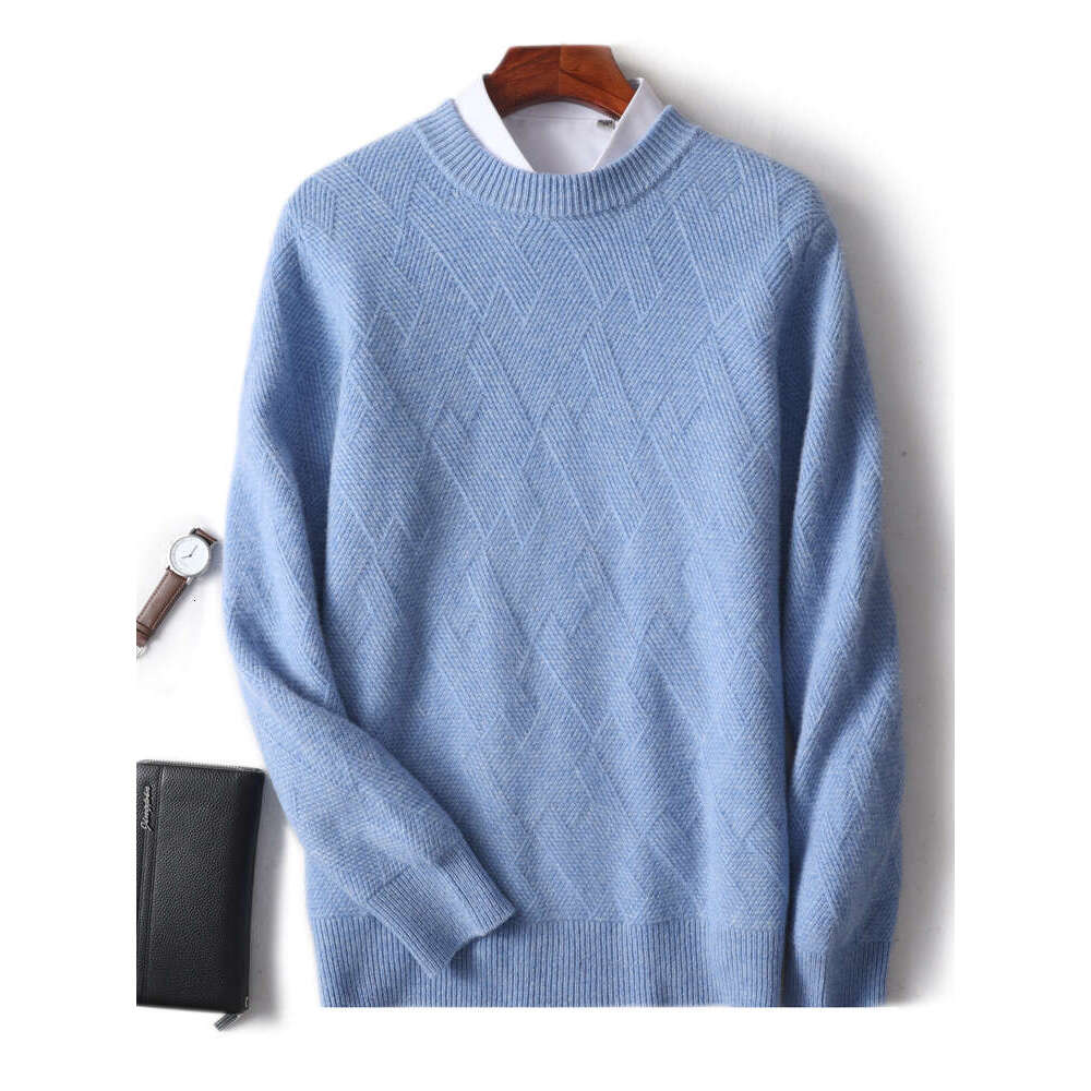 CHICUU Autumn Winter Men's Cashmere Thick O-Neck Pullover 100% Merino Wool Knitwear Cable Knitting Comfy Sweater