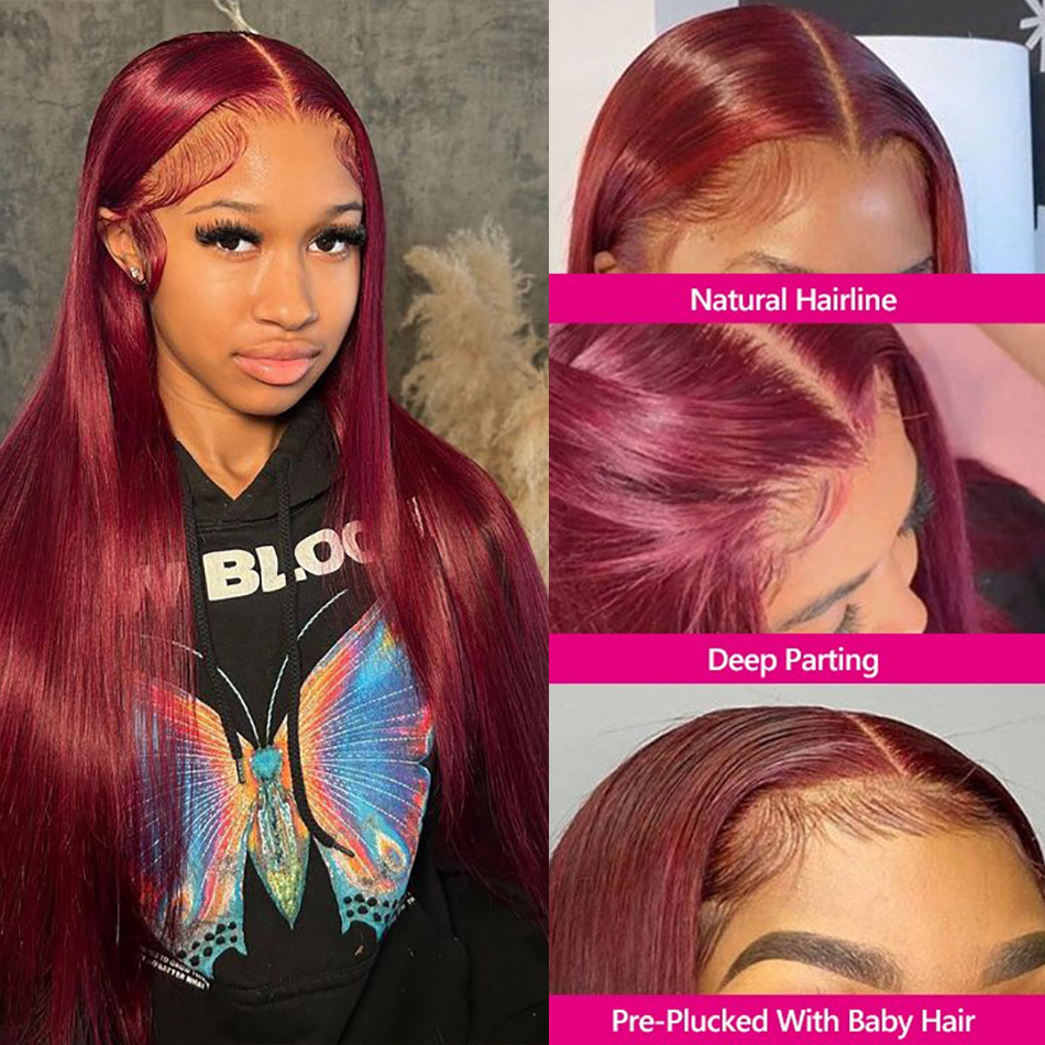 Peruvian Straight HD Front Wig 99J Bury Pre-Plucked 13x4 Colored Lace Frontal Human Hair Wigs