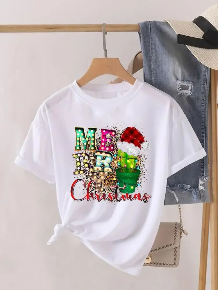 Graphic Tshirt Lady Year Short Sleeve Print Fashion Women Shirt Tee Top Paw Dog Cat Trend Cute Christmas Clothing Clothes 241025