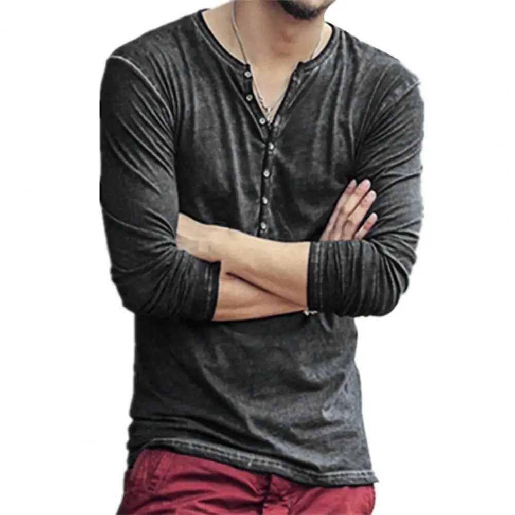 Long Sleve Mens T-shirt Solid Color Casual V-neck Thin Button Mens Clothing Casual T-shirt W241026