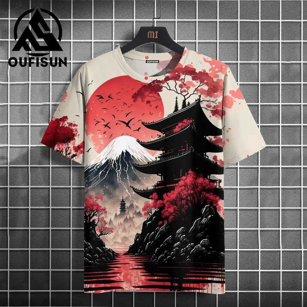 Japanese style mens T-shirt warrior pattern printed T-shirt casual loose shorts Ts oversized mens summer top W241026