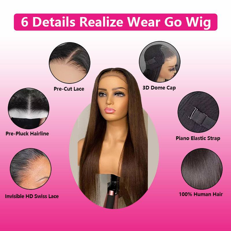 Brazilian Straight #4 Chocolate Brown Glueless Preplucked 6x4 HD Lace Closure Wig Human Hair Ready To Wear On Sale For Women