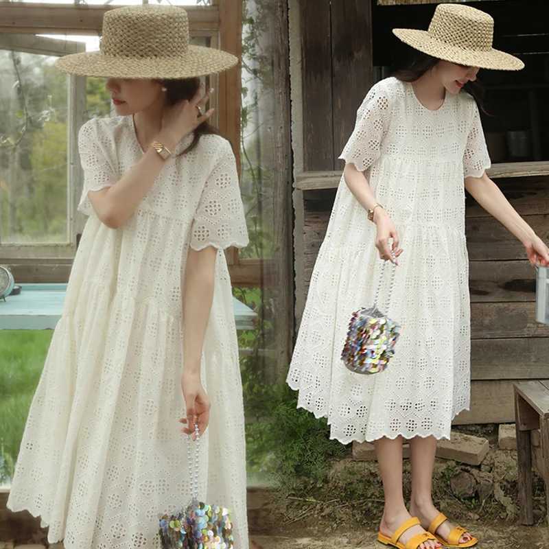 2024 Pregnant Womens Lace Dress Summer Short Sleeve O-Neck Hollow Pregnant Womens Cotton Dress Sweet Long Loose Princess Dress W241026