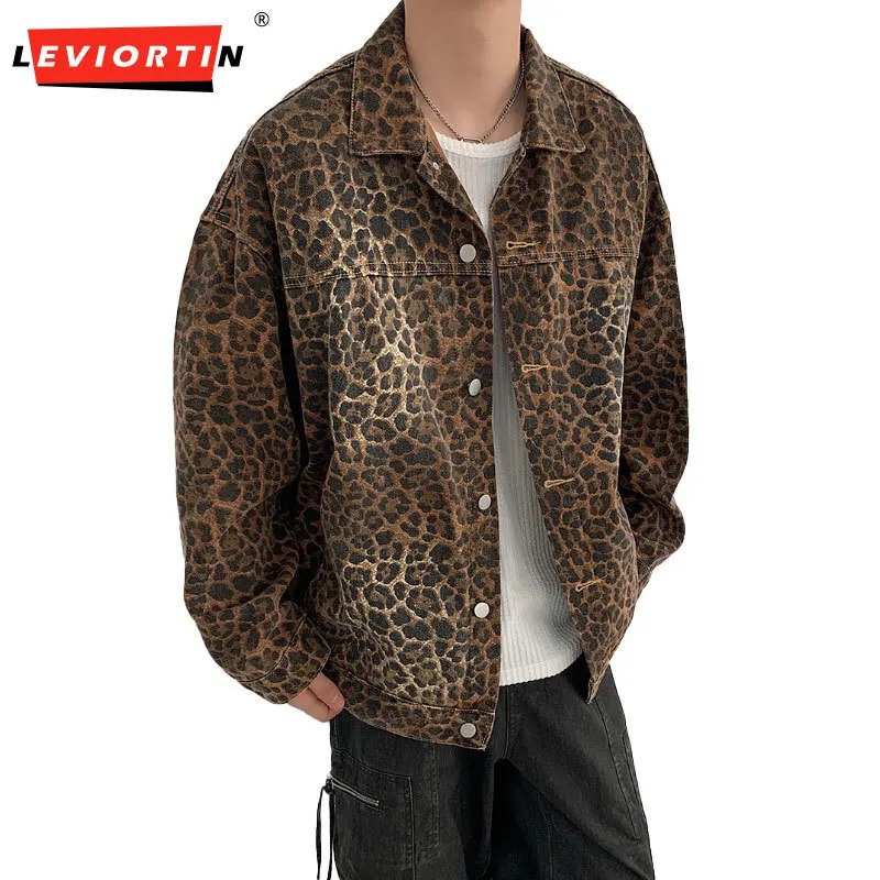 Hip Hop Mens Vintage Leopard Print Denim Jackets 2024 Autumn Fashion Lapel Collar Zipper Jacket Coat Holiday Streetwear 241025