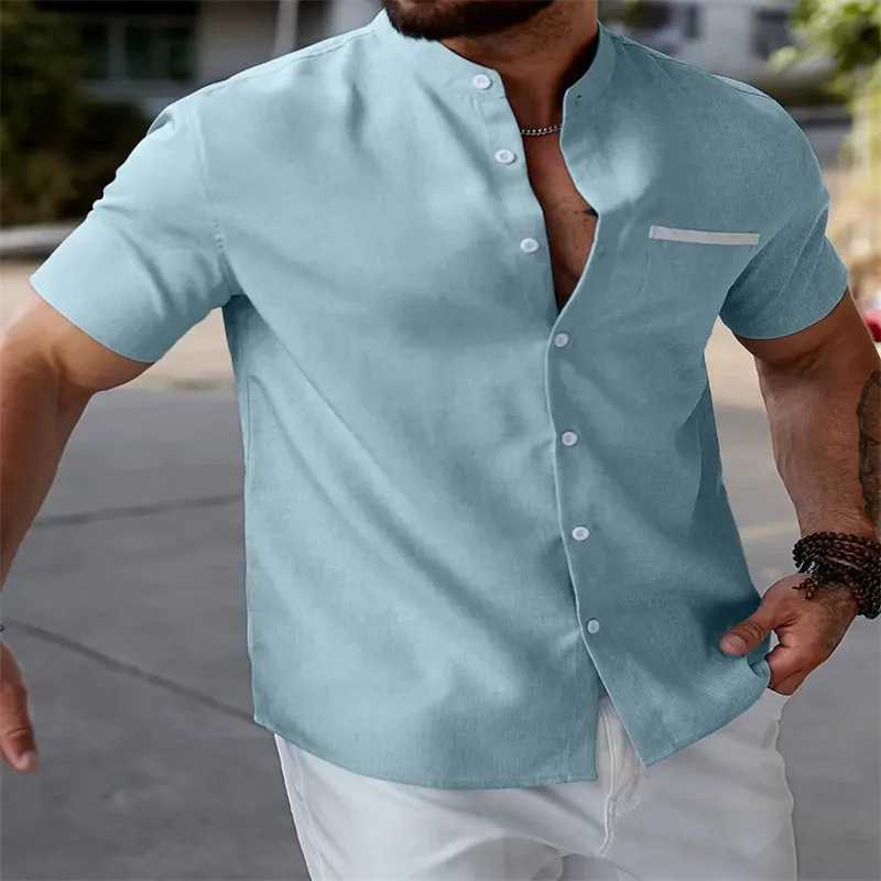 Mens solid color shirt daily short sleeved V-neck button fashionable design casual comfortable breathable W241026
