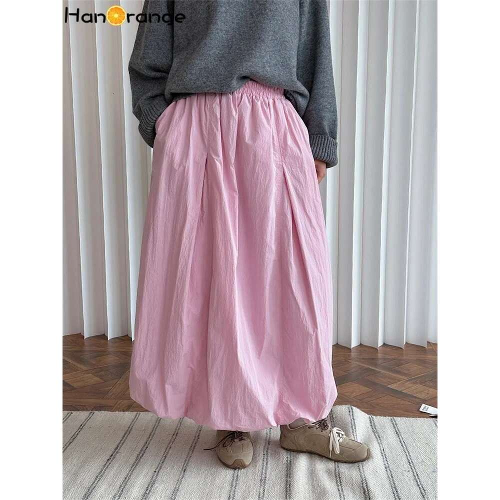 Hanorange 2024 Autumn Winter Reduced Age Bud Cotton Padded Elastic High Waist Lightweight Fluffy Skirt Pink/Gray Coffee