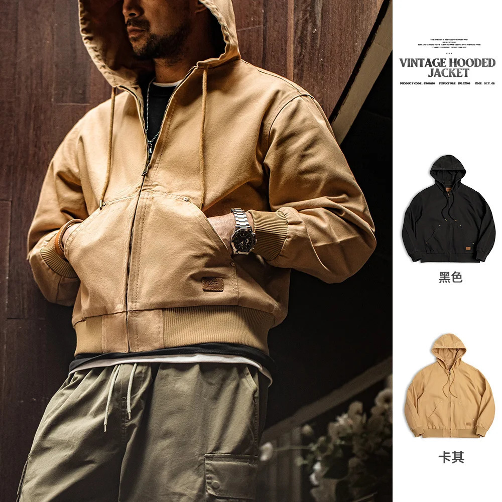 Maden Vintage J130 Heavyweight Hooded Jacket Canvas Classic Short Zip Front Solid Color Outerwear for Men Autumn Streetwear Coat 241025