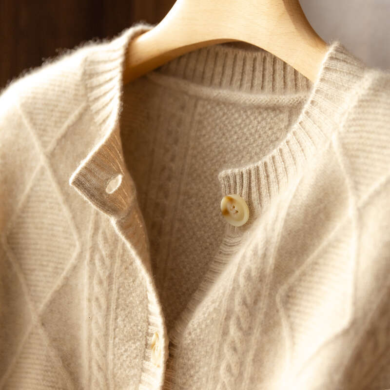 2021 Autumn/Winter New Cashmere Women's Round Neck Cardigan Sweater Coat Twist Loose Large Size Knit 100% Wool