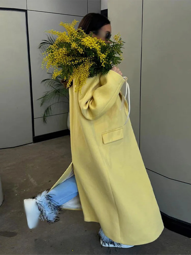 Elegant Lapel With Packet One Button Woolen Coat Women Fashion Yellow Long Sleeve Loose Overcoat 2024 Autumn Winter Lady Outwear 241025