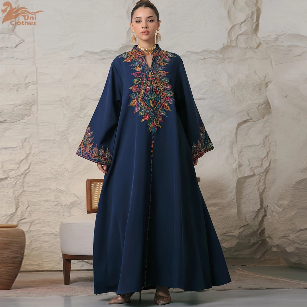 Uni Embroidered V-neck Long Dress Dubai Arab Abaya Muslim Women Loose Morocco Saudi Arabia Ethnic Jalabia Fashion Robe 241025