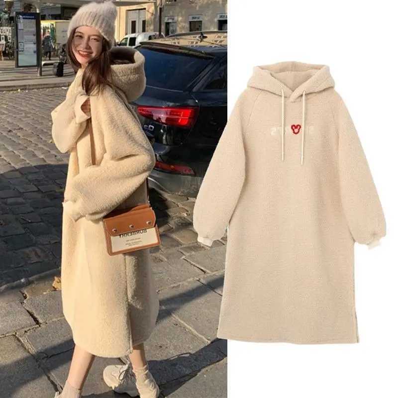 New Korean loose thick imitation fur one-piece long knee hooded cashmere sweater for pregnant women maternity dress W241026