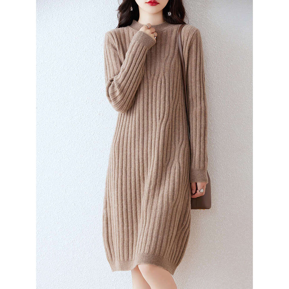 High Quality Women's Pullover Knee-Length Autumn Winter Mock-Neck Sweater 100% Merino Wool Knitwear Cashmere Thick Dress