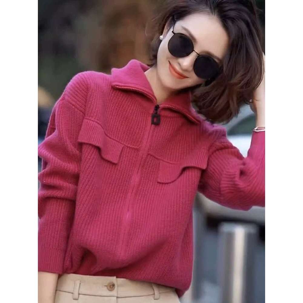 Autumn/Winter Fashion 100 Pure Cashmere Cardigan Women's Zip-Up Coat With Turtleneck Knitted Sweater Outside